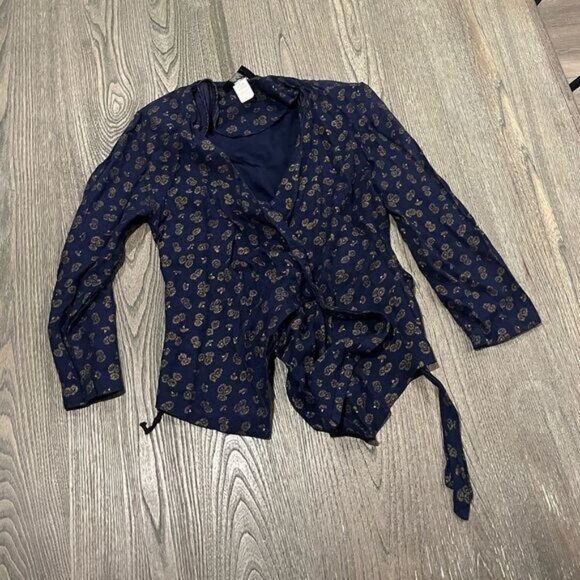 Toby Vintage Navy Blue Fan Print Wrap Blouse Long Sleeve Size 4 - Picture 1 of 5
